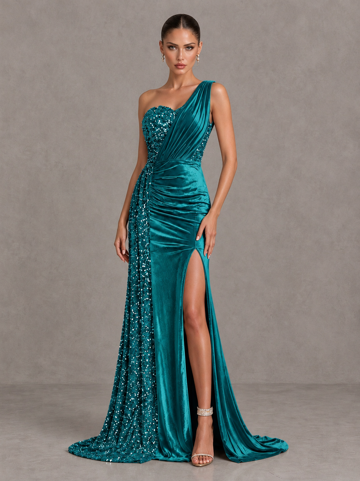 BOLODOO Teal One-Shoulder Satin Sequin Gown with High Slit - Teal - Teal_3