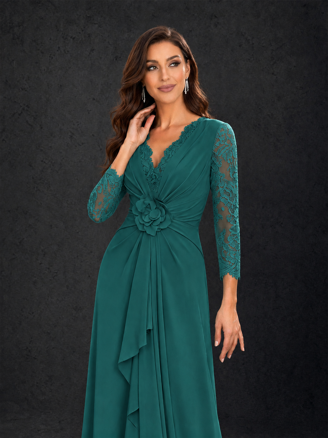 BOLODOO Teal Lace Sleeve V-Neck Floral Waist Chiffon A-Line Maxi Dress - Teal