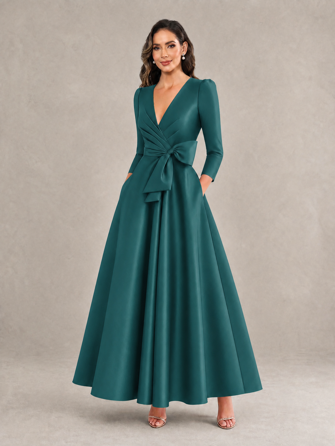 BOLODOO Teal Satin Deep V-Neck Wrap 3/4 Puff Sleeve A-Line Ball Gown Maxi Dress with Oversized Bow Belt - Teal
