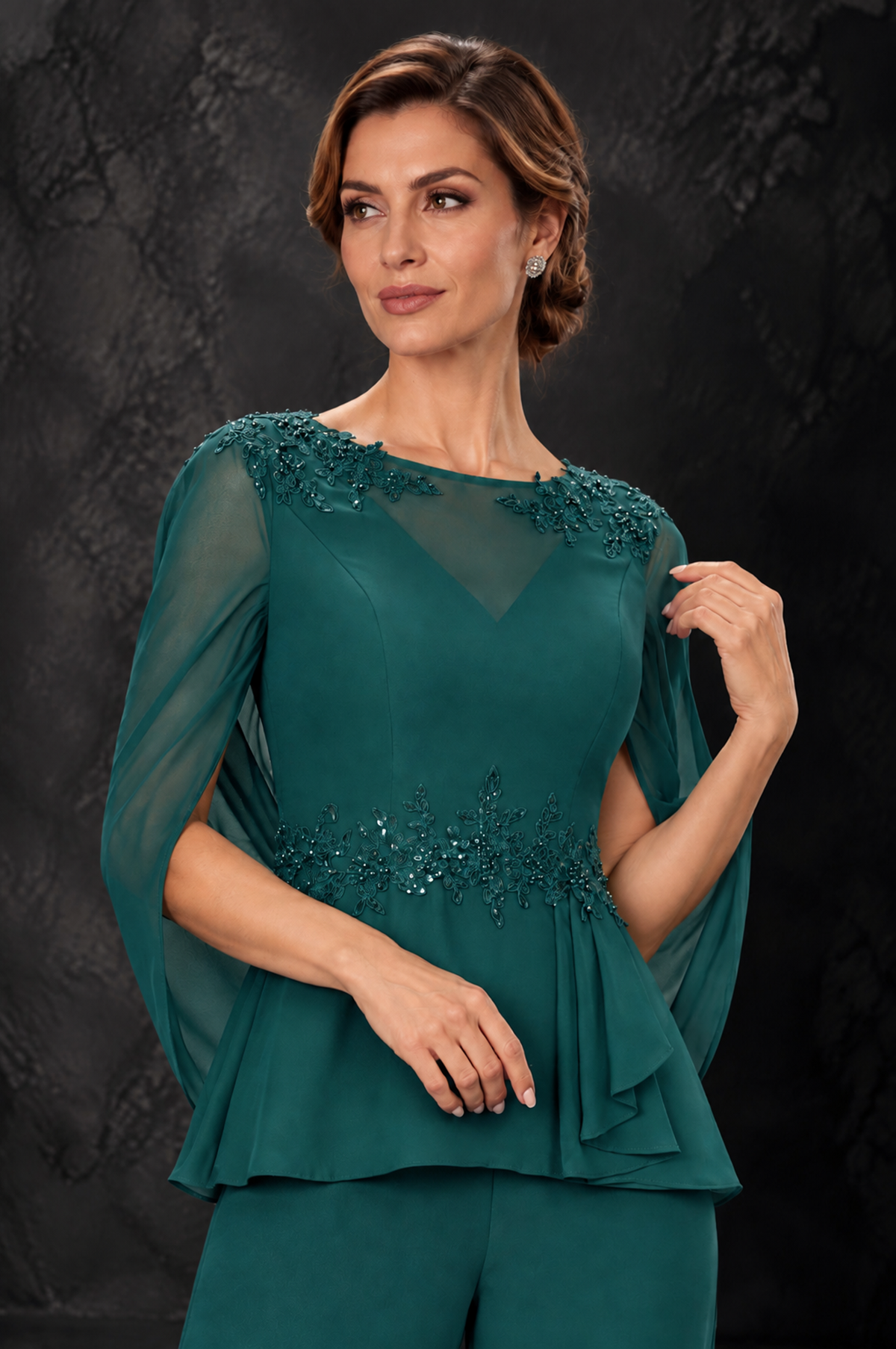 BOLODOO Teal Embellished Cape Sleeve Mother of the Bride Pantsuit - Teal - Teal_3