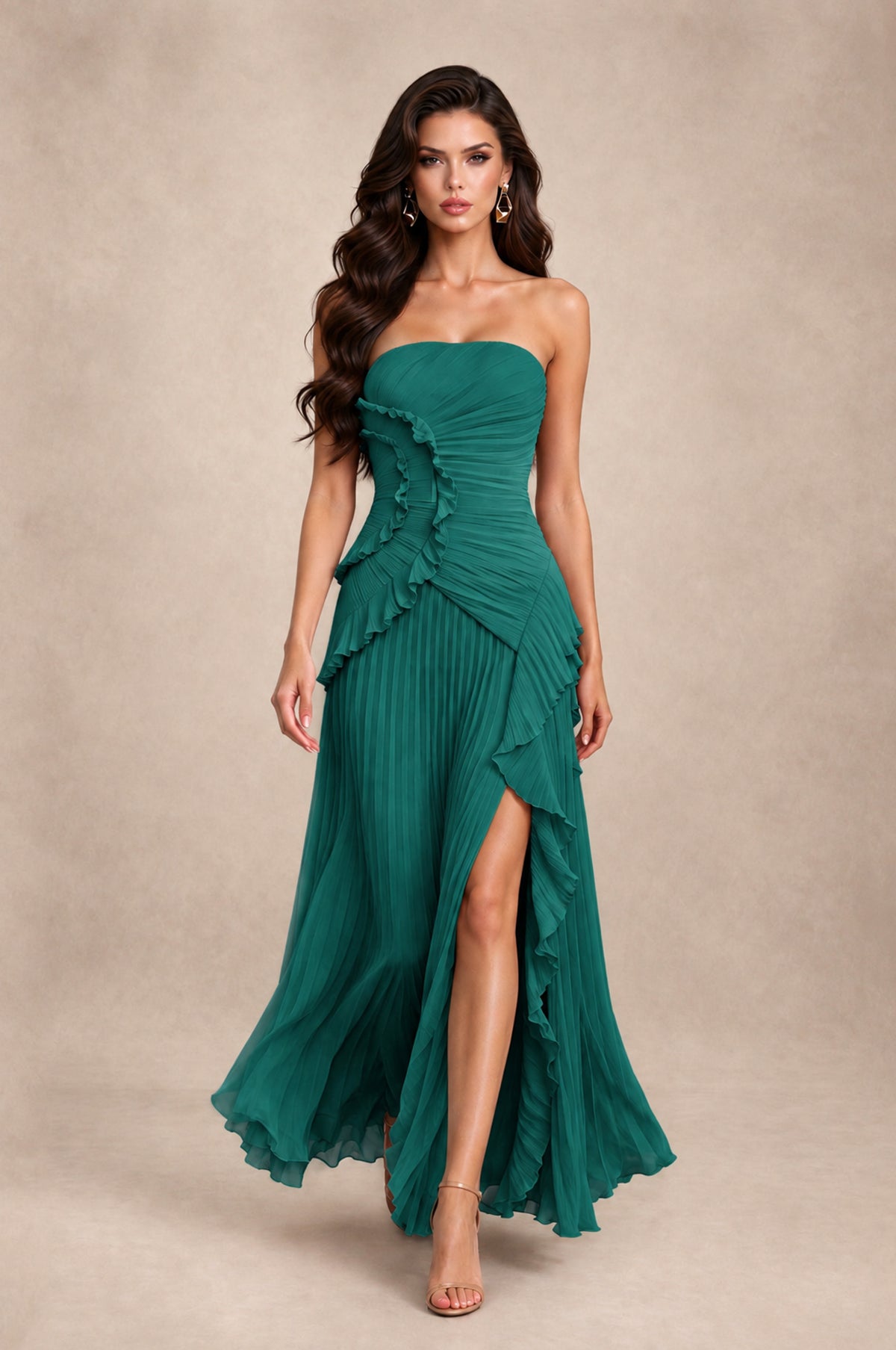 BOLODOO Teal Strapless Ruffle Pleated Slit Evening Gown - Teal - Teal_3