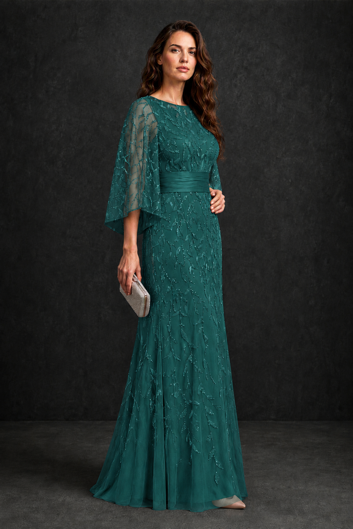 BOLODOO Teal Bateau Neck Bell Sleeve Sequin Embroidered Satin Waist A-Line Maxi Dress - Teal - Teal_3