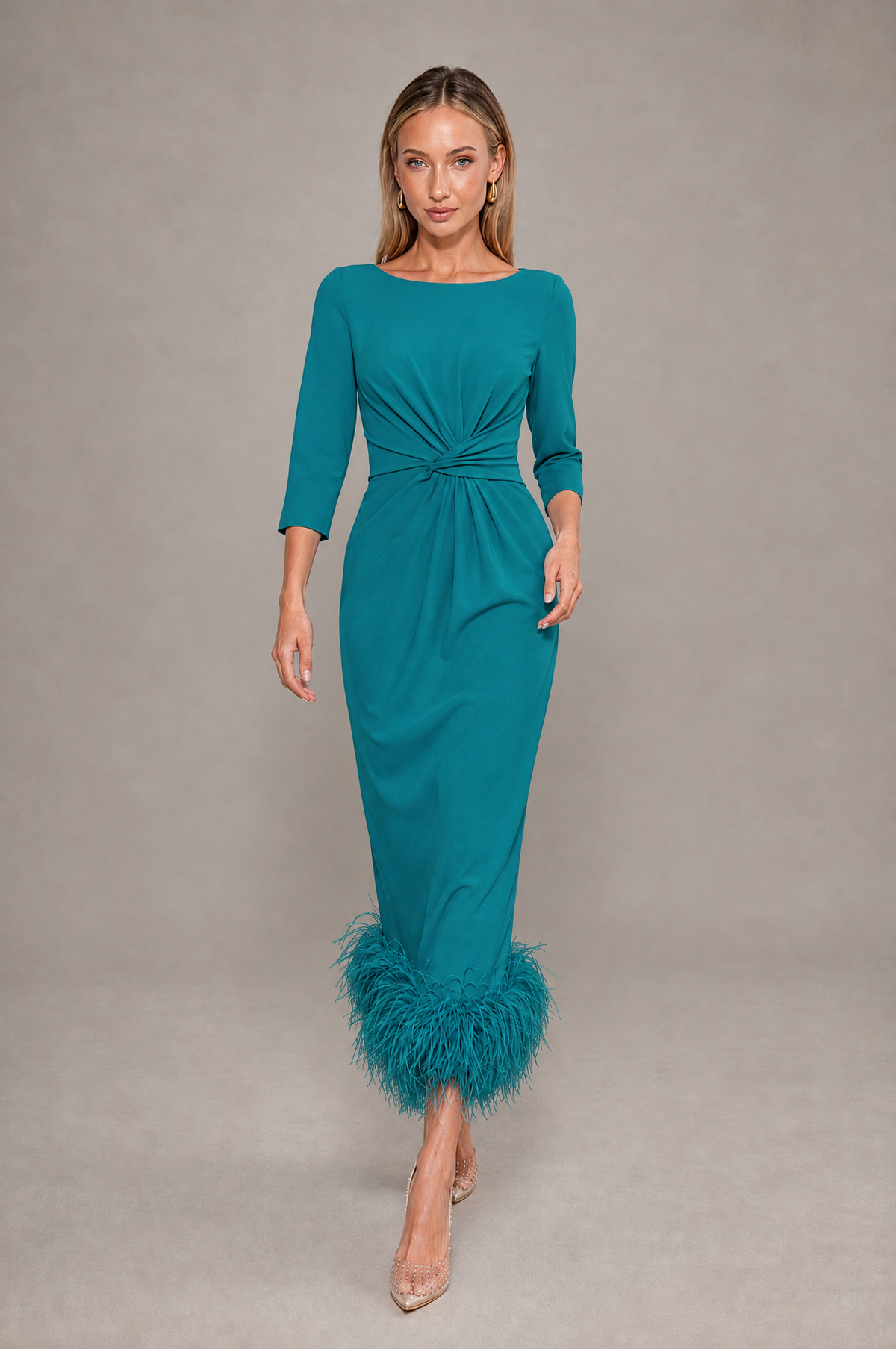 BOLODOO Teal Feather-Trim Twist-Waist Midi Dress - Teal - Teal_3