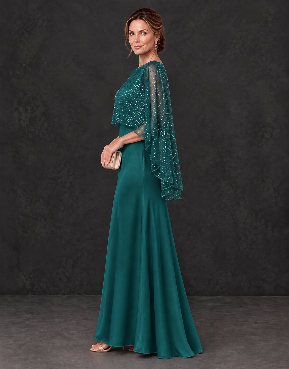 BOLODOO Teal Sparkle Cape Sleeve Mother of the Bride Dress - Teal - Teal_3