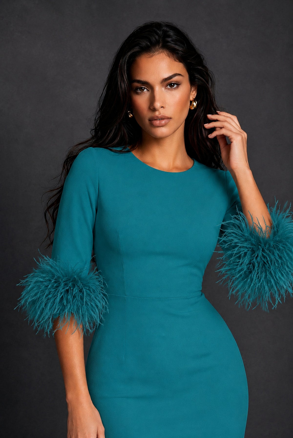 BOLODOO Teal Ostrich Feather Cuff 3/4 Sleeve Round Neck Bodycon Midi Dress with Back Slit - Teal
