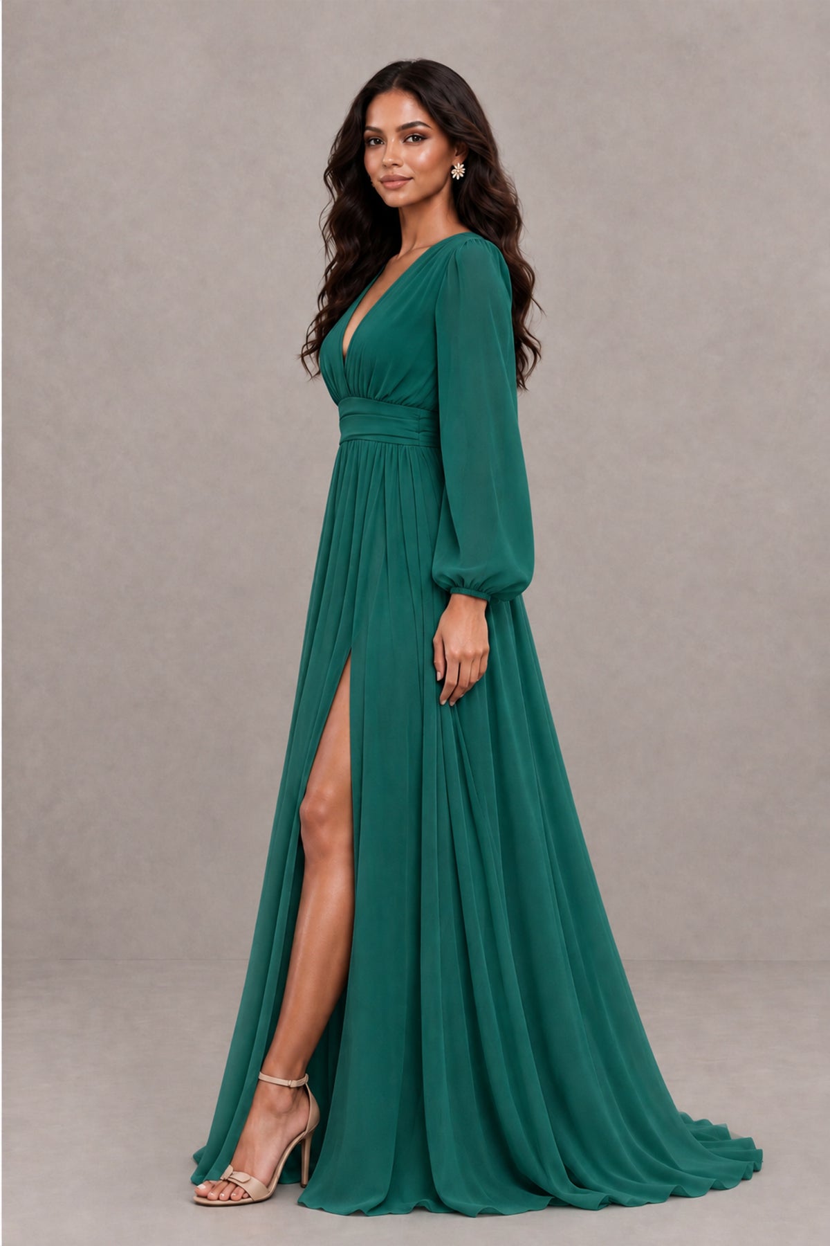 BOLODOO Teal Long Sleeve V-Neck A-Line Gown with Open Back & Slit - Teal - Teal_3