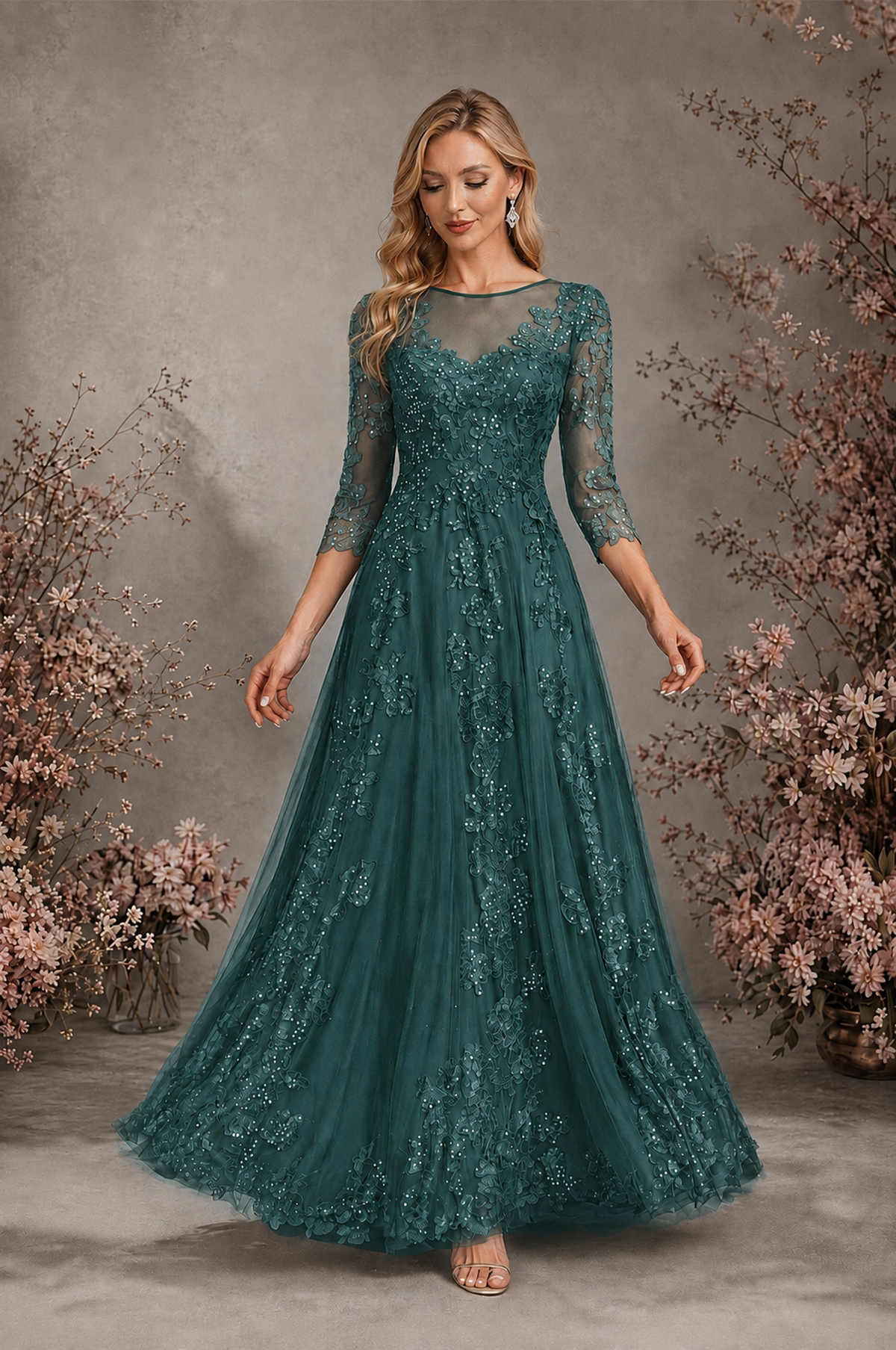 BOLODOO Teal Sequin Lace 3/4 Sleeve Open Back Formal Evening Gown - Teal