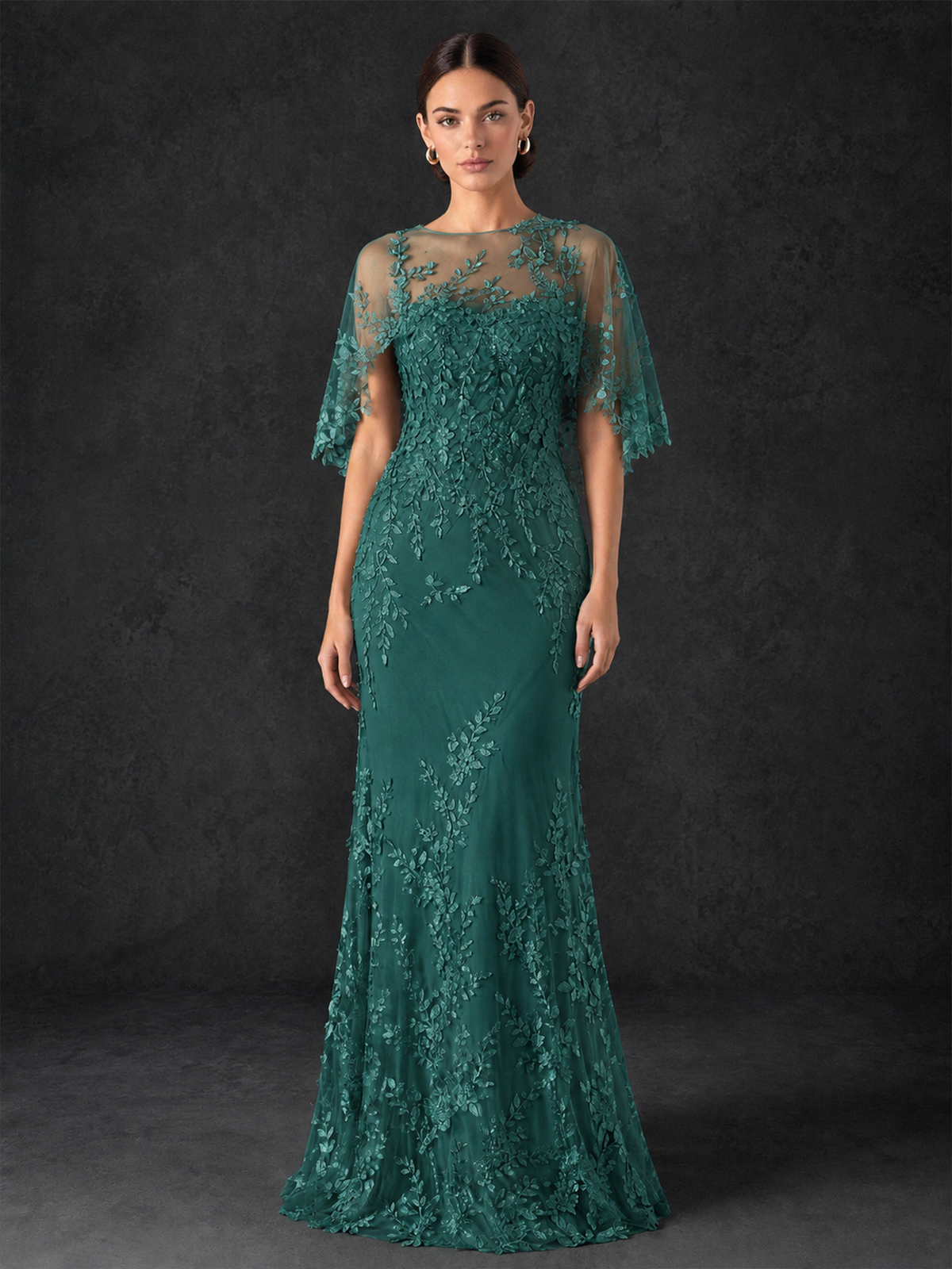 BOLODOO Mocha Rose Botanical Lace Flutter Sleeve Mermaid Gown - Teal - Teal