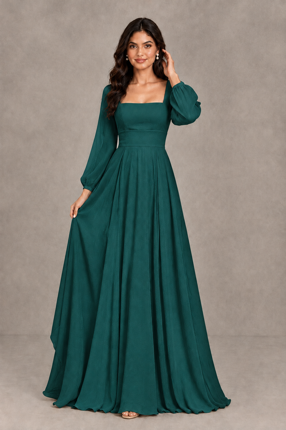 BOLODOO Teal Square Neck Long Sleeve A-Line Bridesmaid Dress - Teal - Teal_3