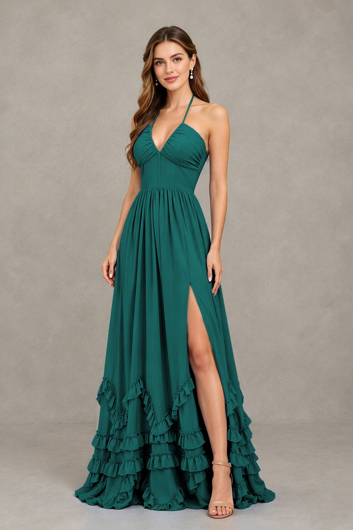 BOLODOO Teal Halter Ruffle Hem A-Line Bridesmaid Dress with High Slit - Teal - Teal(3)