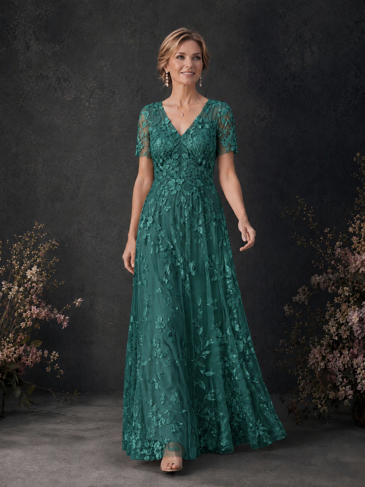 BOLODOO Teal 3D Floral Embroidered Lace V-Neck Short Sleeve A-Line Maxi Dress - Teal