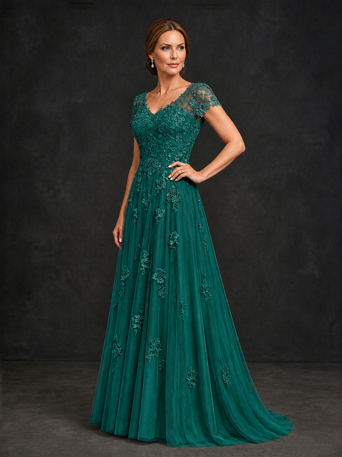 BOLODOO Teal Cap Sleeve Lace Appliqué A-Line Formal Gown | Mother of the Bride Dress - Teal - Teal_3