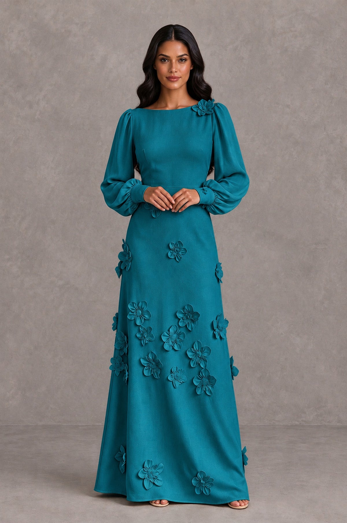 BOLODOO Teal Long Sleeve Floral Applique A-Line Evening Dress - Teal - Teal_3