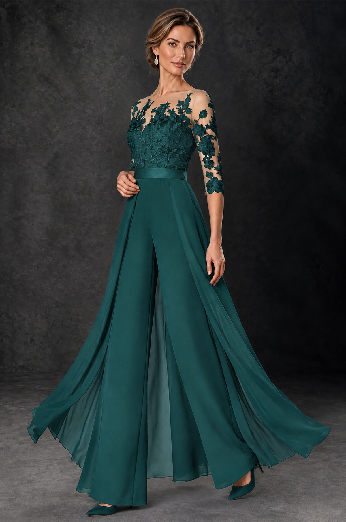 BOLODOO Teal Lace Wide-Leg Jumpsuit with Three-Quarter Sleeves - Teal - Teal_3