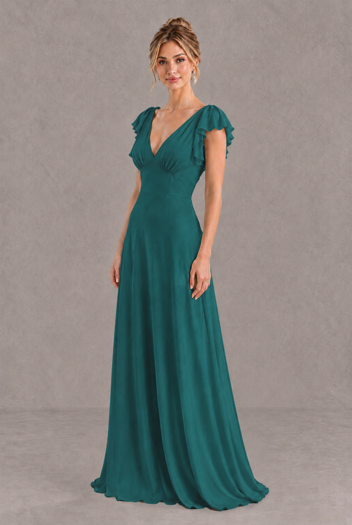 BOLODOO Teal V-Neck Flutter Sleeve A-Line Bridesmaid Dress - Teal - Teal_3