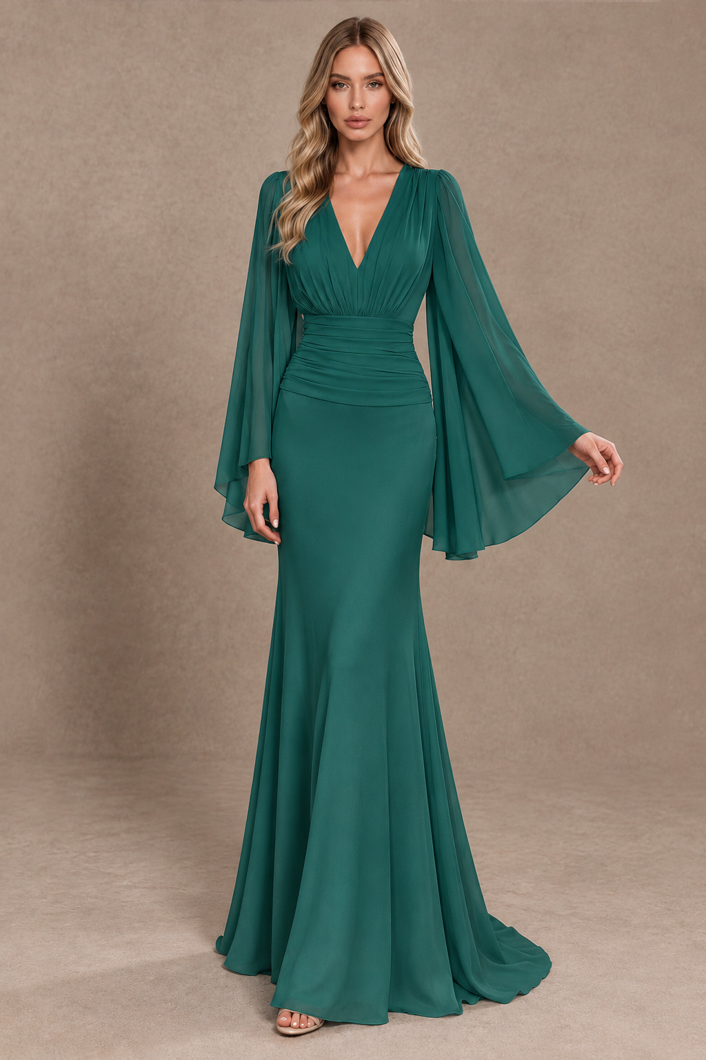 BOLODOO Teal Cape Sleeve V-Neck Ruched Chiffon Evening Dress - Teal - Teal_3