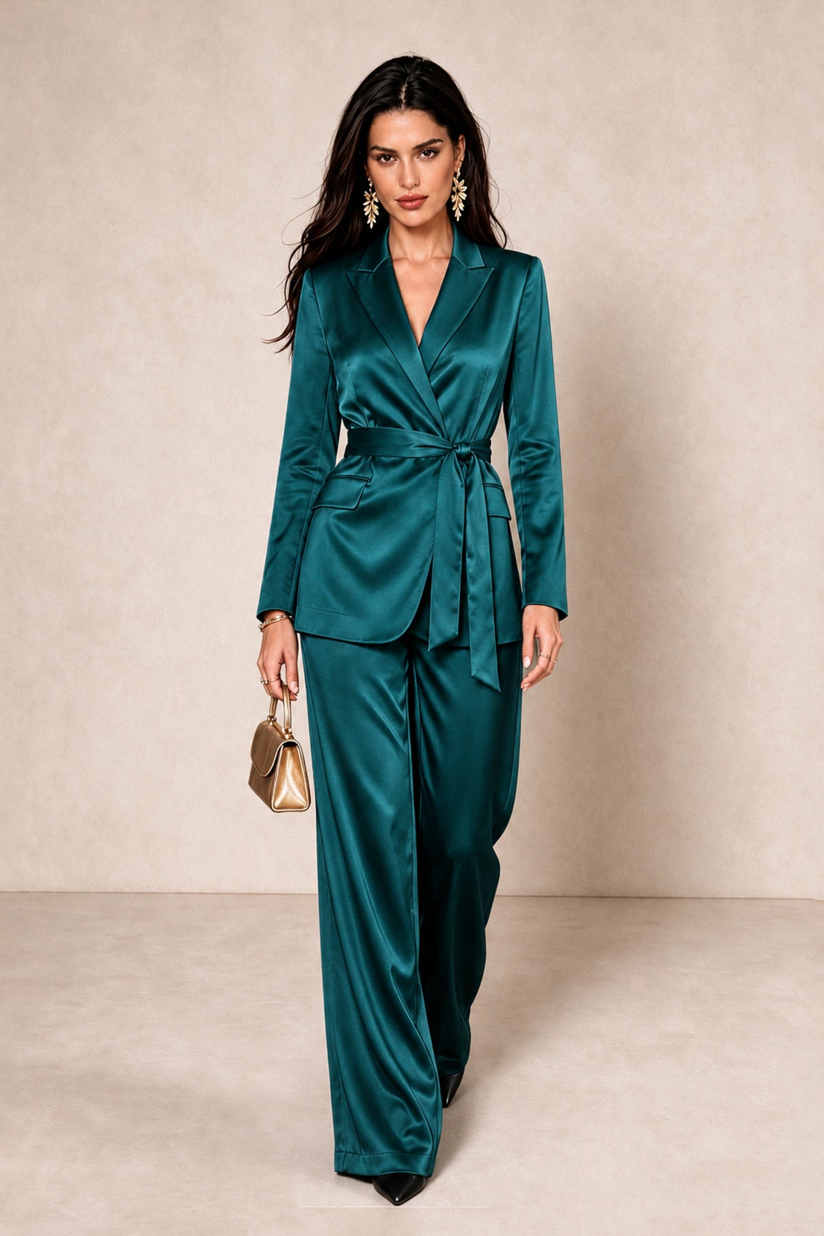 BOLODOO Teal Satin Wrap Blazer Wide-Leg Pants Two-Piece Suit Set – Evening Gala Wedding Guest - Teal - Teal_3