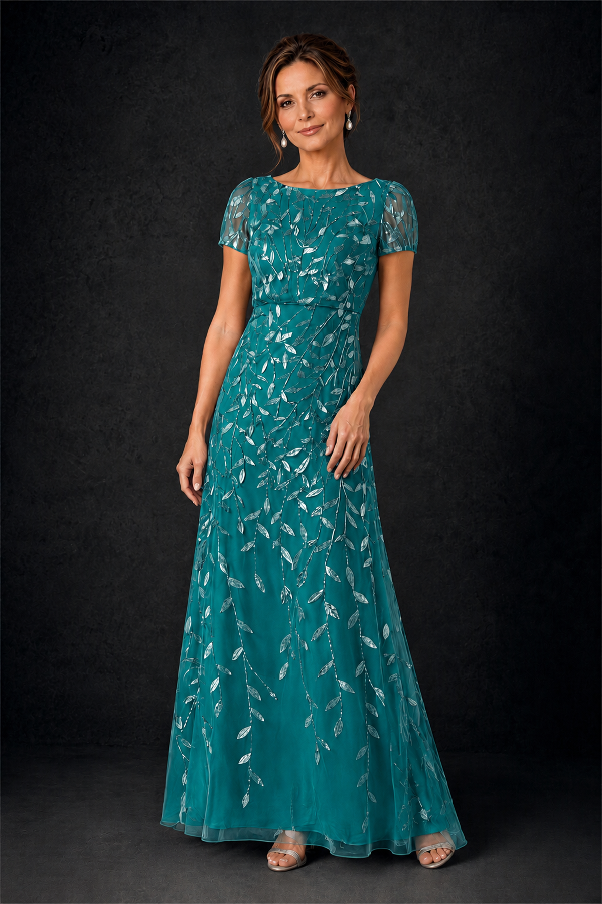 BOLODOO Teal Leaf Embroidered A-Line Formal Gown with Cap Sleeves - Teal - Teal_3