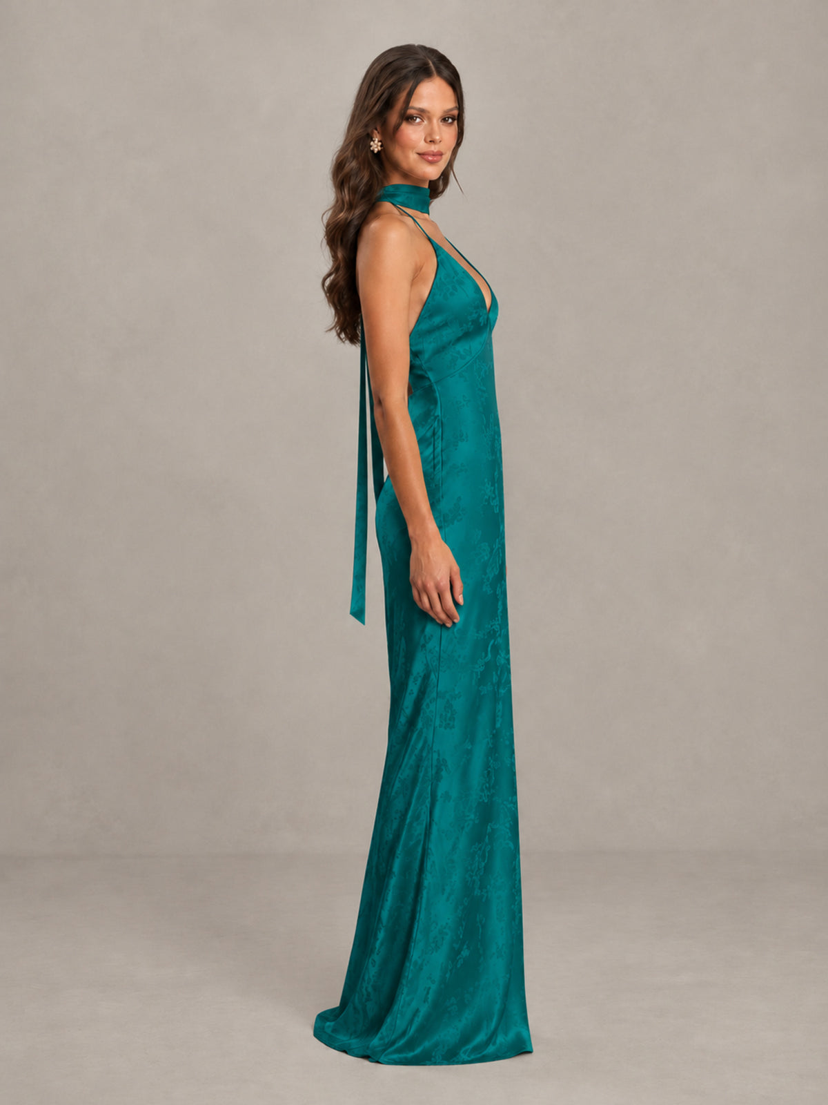 BOLODOO Teal Floral Satin Open-Back Bridesmaid Dress - Teal - Teal_3
