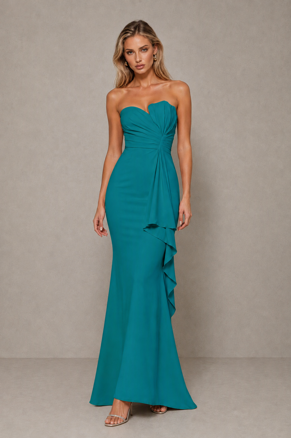 BOLODOO Teal Strapless Sweetheart Ruched Mermaid Gown | Cascade Drape Formal Evening Dress - Teal - Teal_3