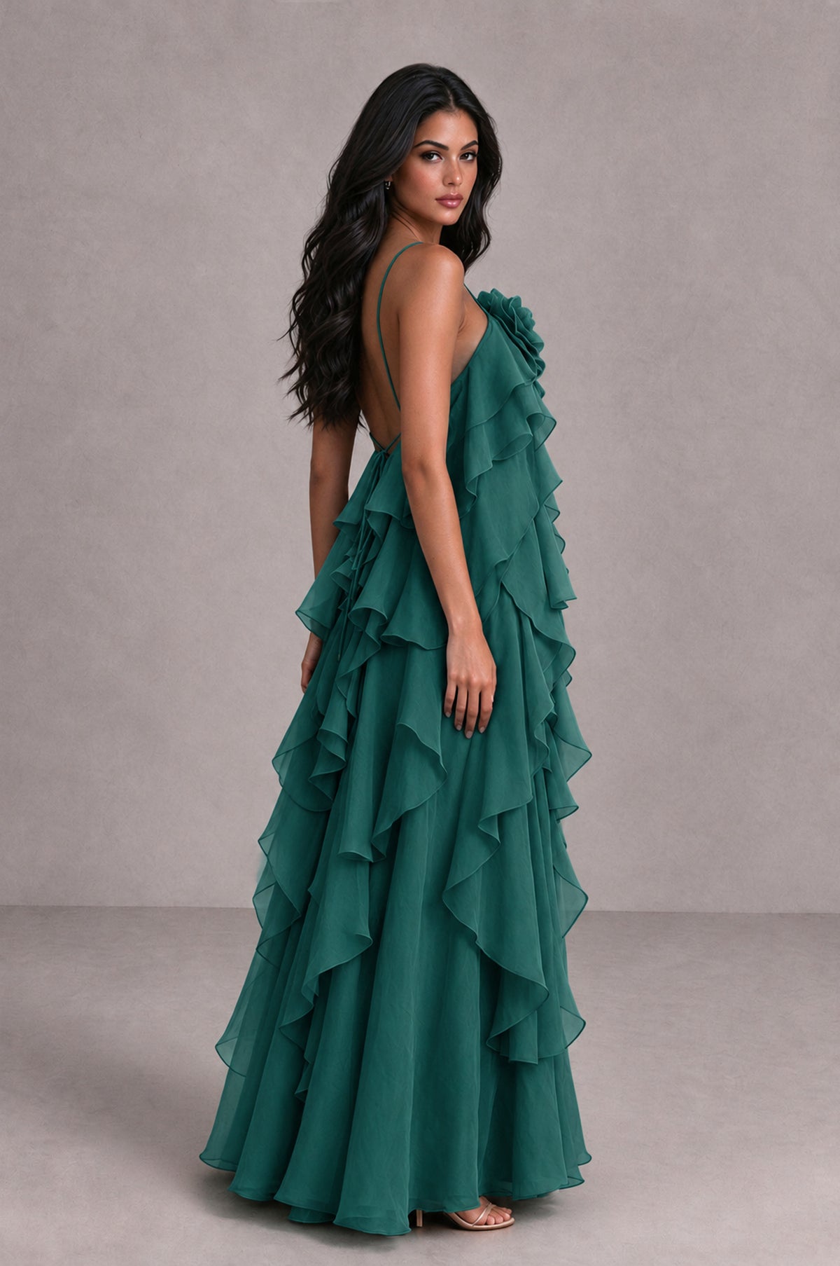 BOLODOO Teal Cascading Ruffle Rosette Open-Back Maxi Dress - Teal - Teal_3