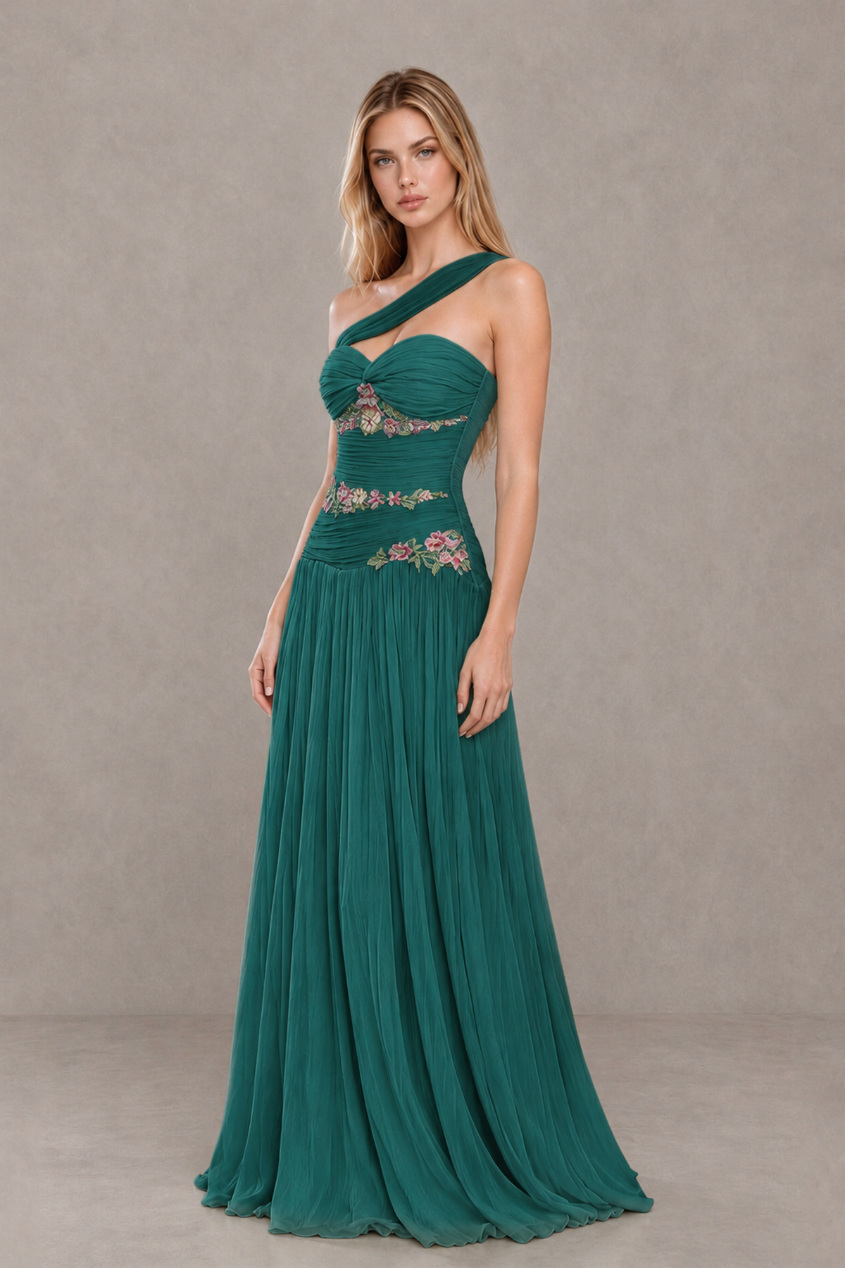 BOLODOO Teal One-Shoulder Floral Applique A-Line Evening Dress - Teal - Teal_3