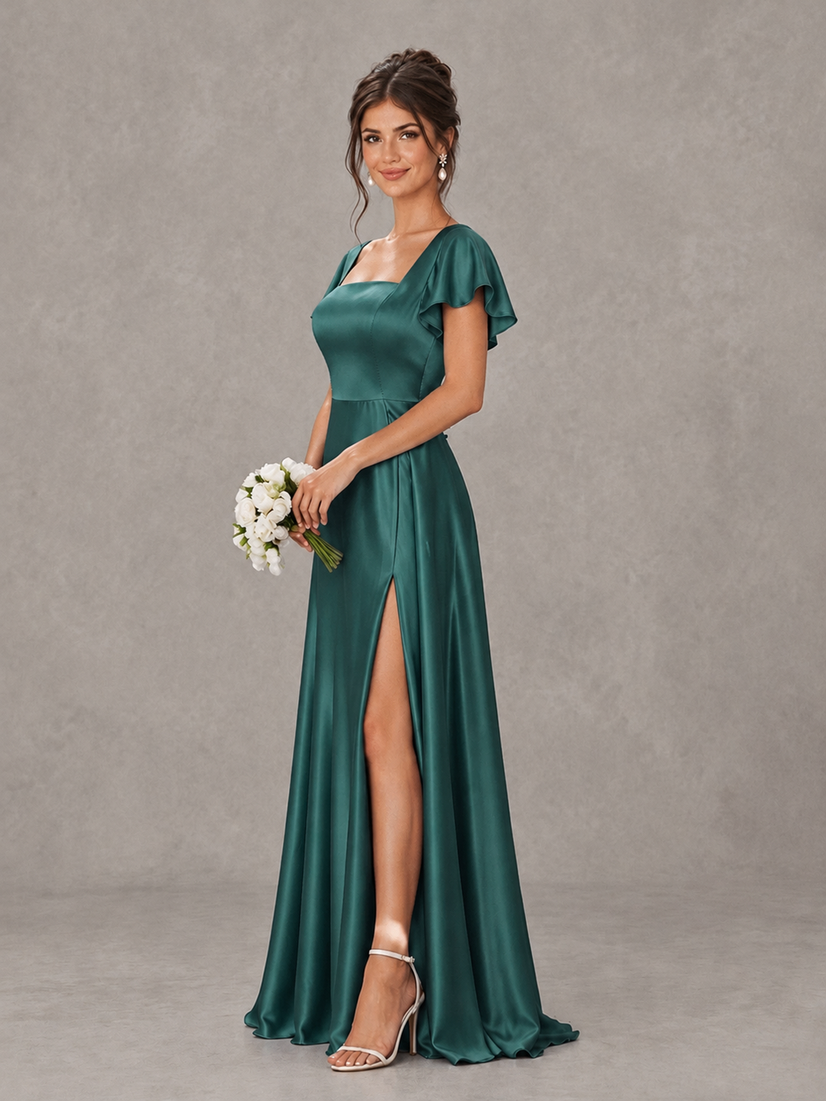 BOLODOO Teal Satin Square Neck Flutter Sleeve A-Line Bridesmaid Dress with Slit - Teal - Teal_3
