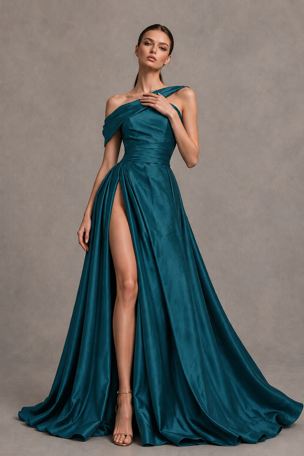 BOLODOO Teal Asymmetric Satin-Look A-Line Prom Dress with High Slit - Teal - Teal_3