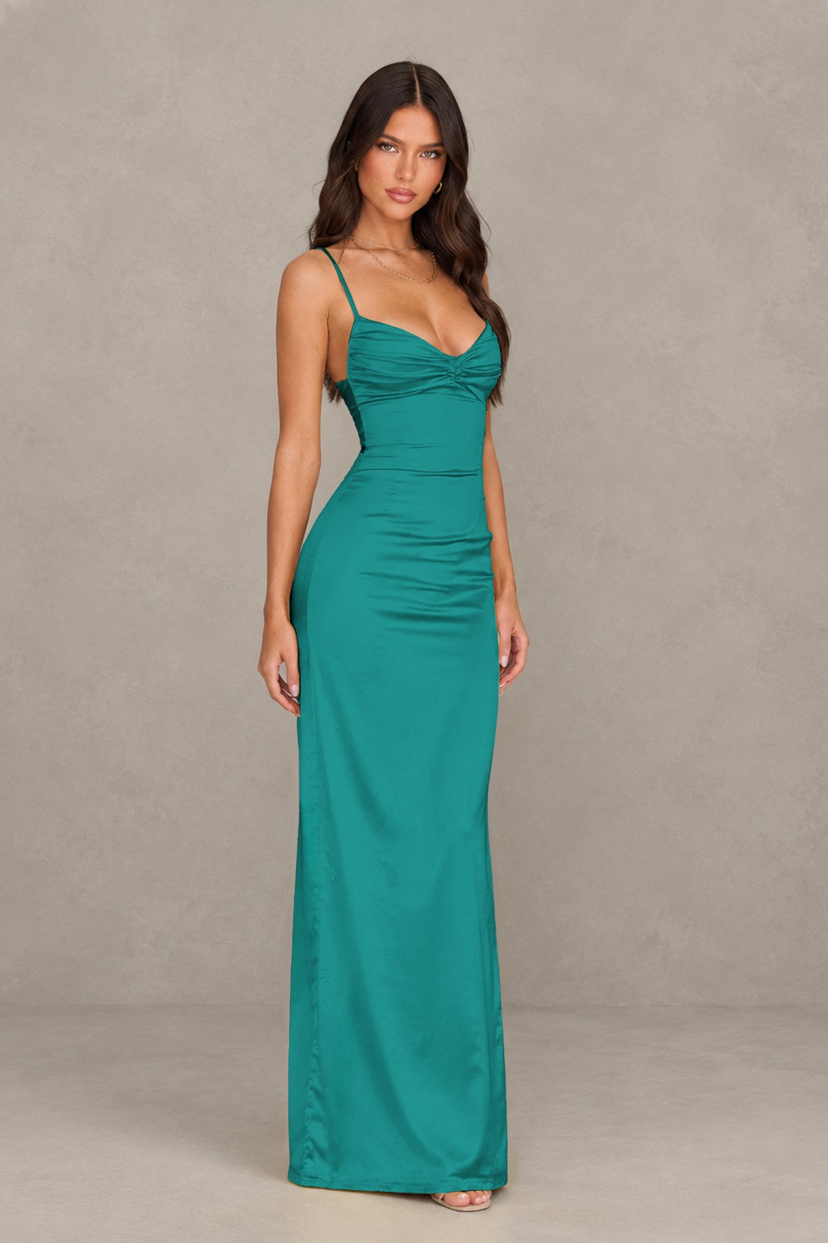 BOLODOO Teal Satin Cowl Neck Open Back Mermaid Maxi Dress with Side Slit - Teal