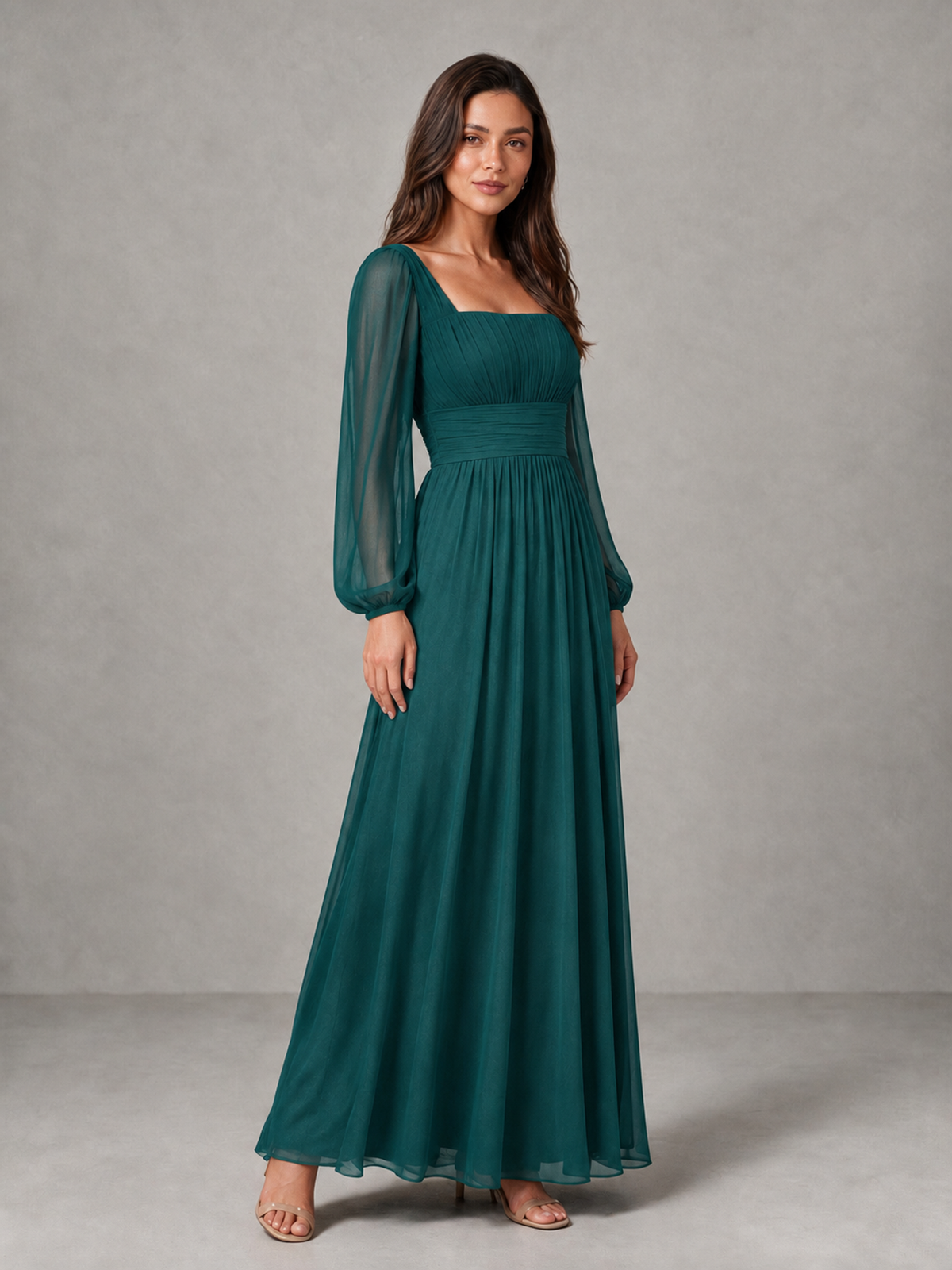 BOLODOO Teal Square Neck Long Sleeve Chiffon Bridesmaid Dress - Teal - Teal_3