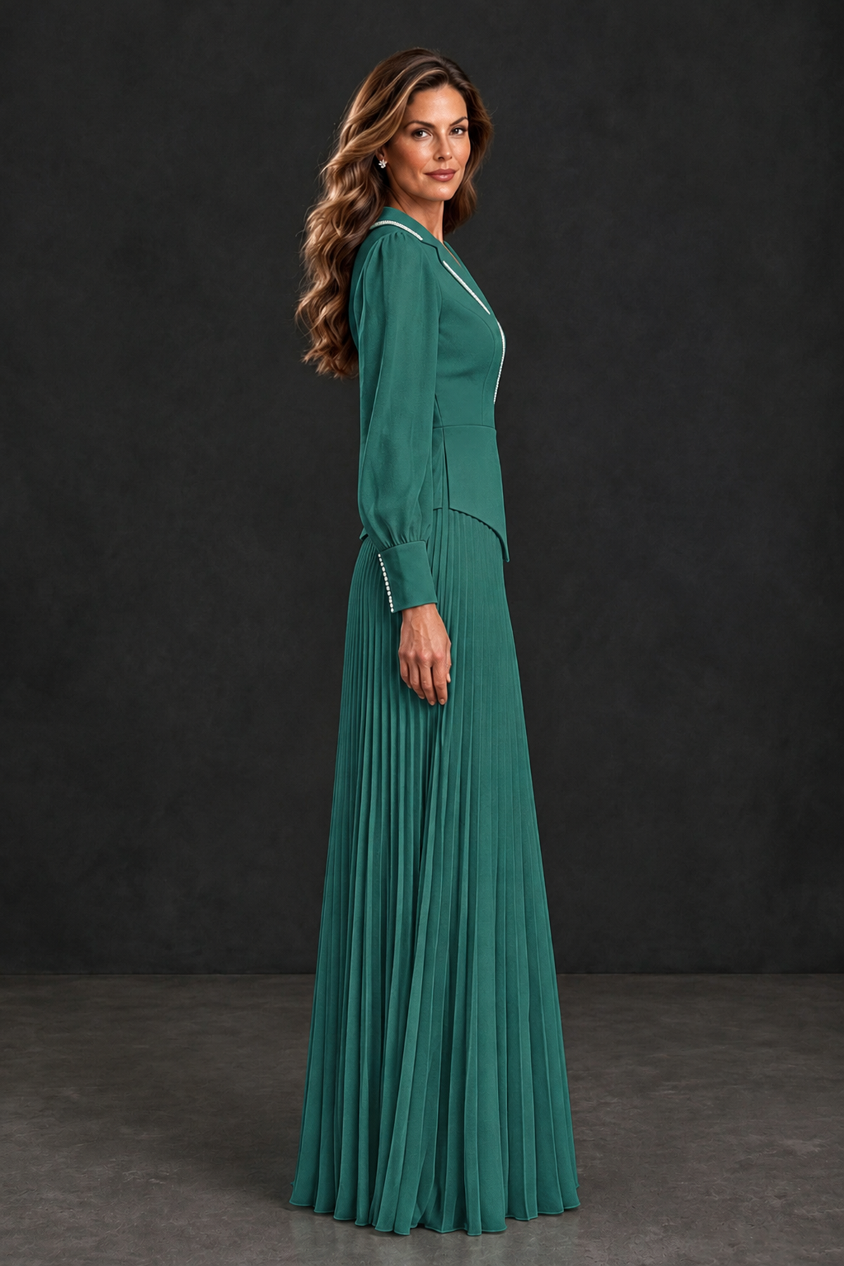 BOLODOO Teal Long Sleeve Pleated Mother of the Bride Dress - Teal - Teal_3