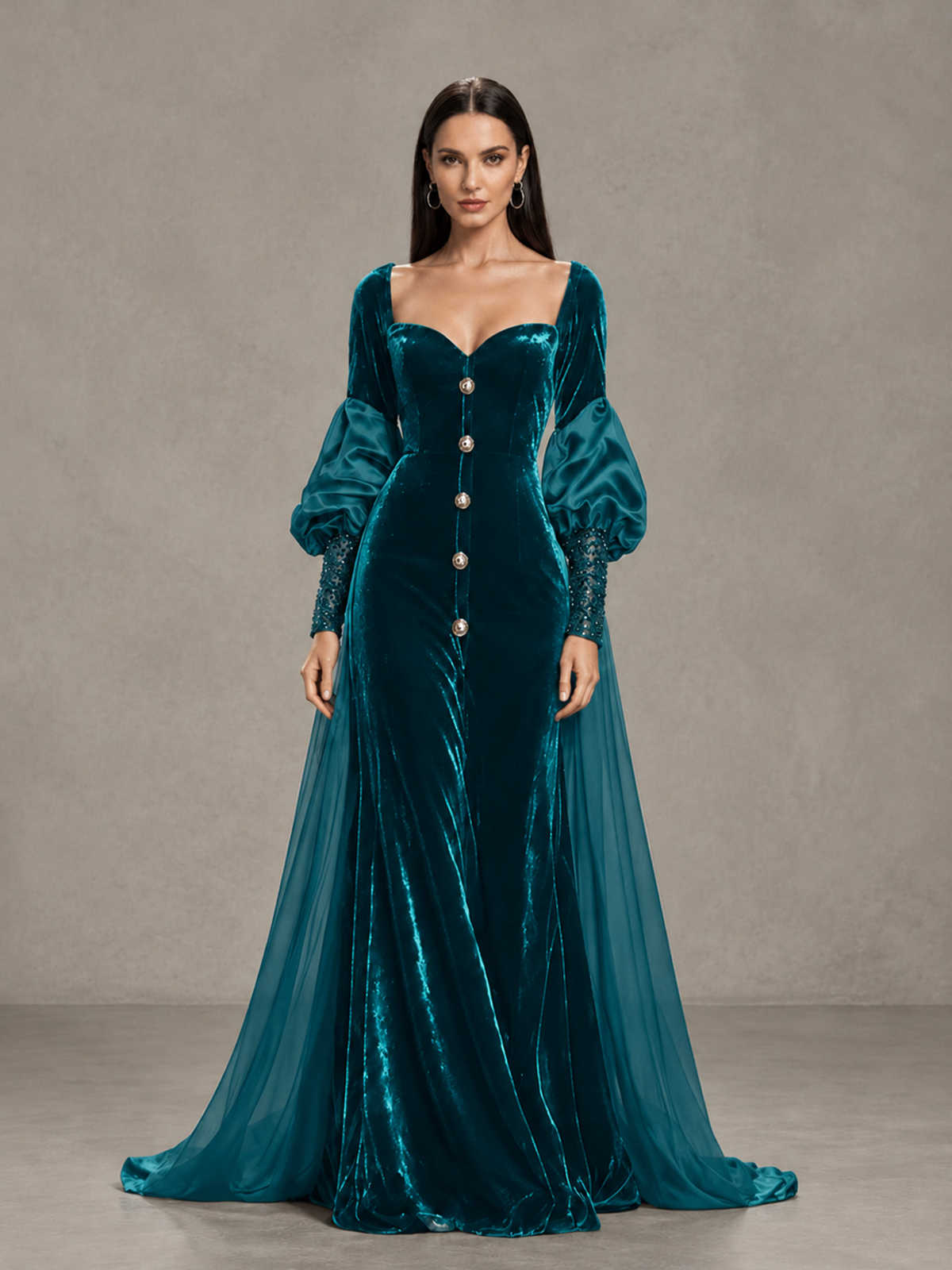 BOLODOO Teal Velvet Long Sleeve Open-Back Evening Gown - Teal - Teal_3