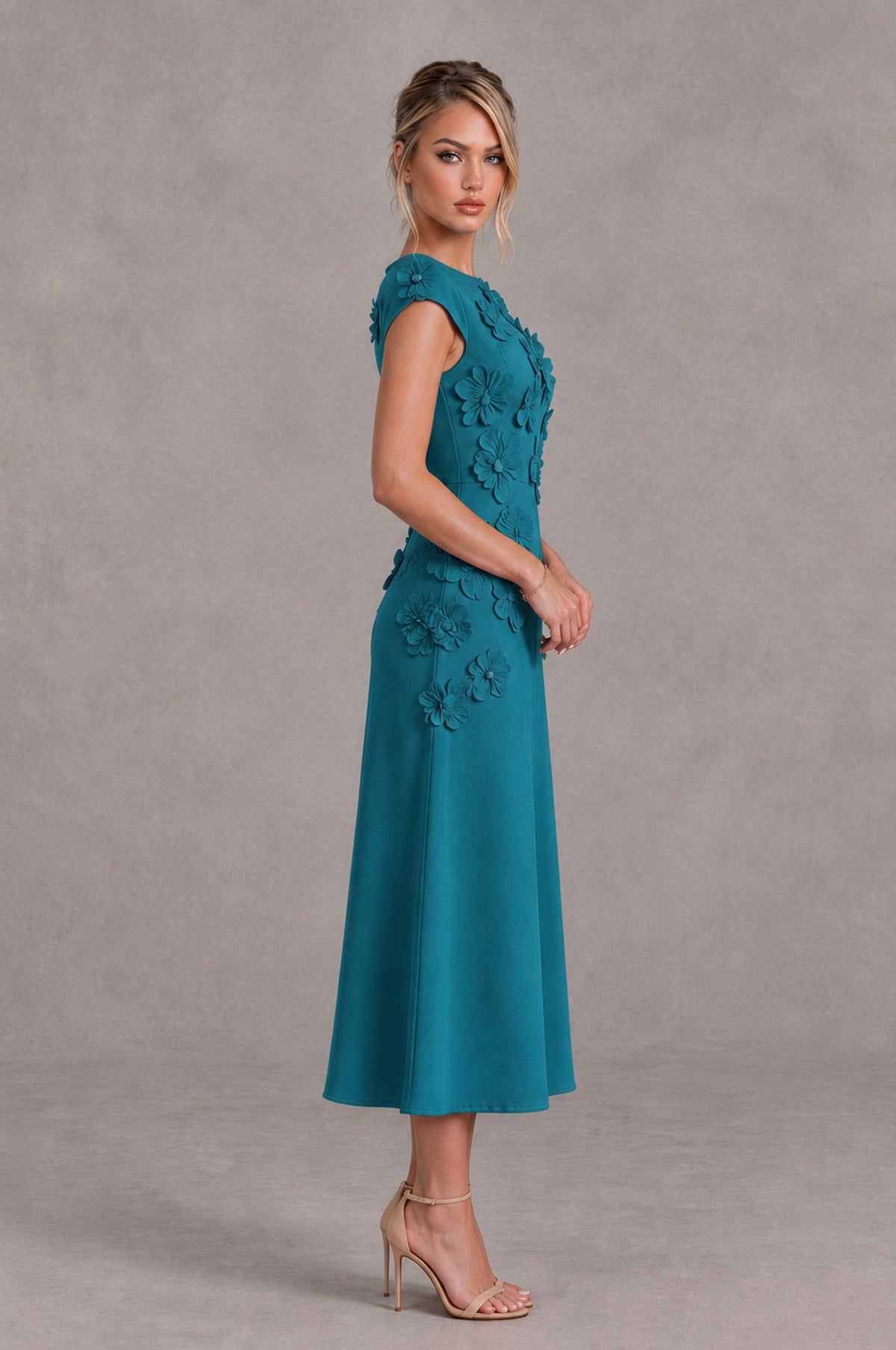 BOLODOO Teal 3D Floral Cap Sleeve Midi Cocktail Dress - Teal - Teal_3