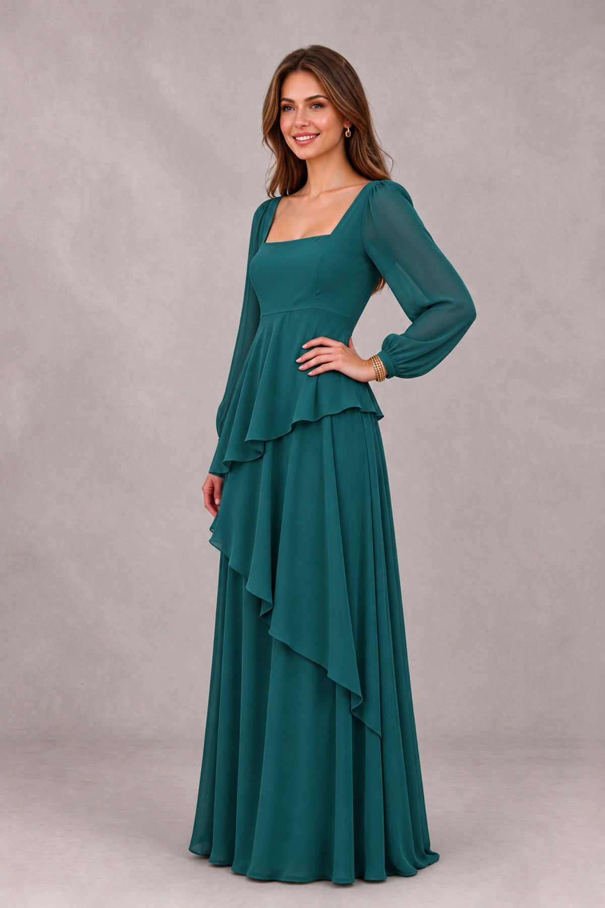 BOLODOO Teal Long Sleeve Ruffle Bridesmaid Dresses - Teal - Teal_3