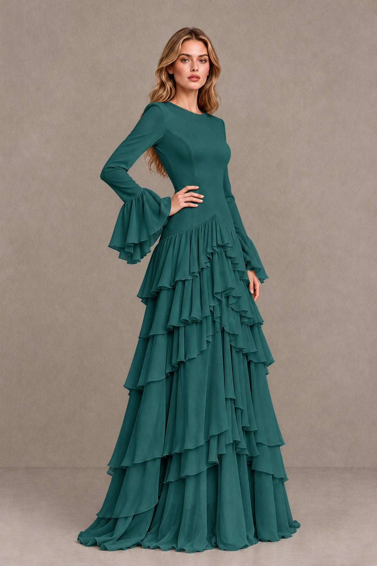 Teal Long Sleeve Tiered Ruffle Evening Gown - Teal - Teal_3