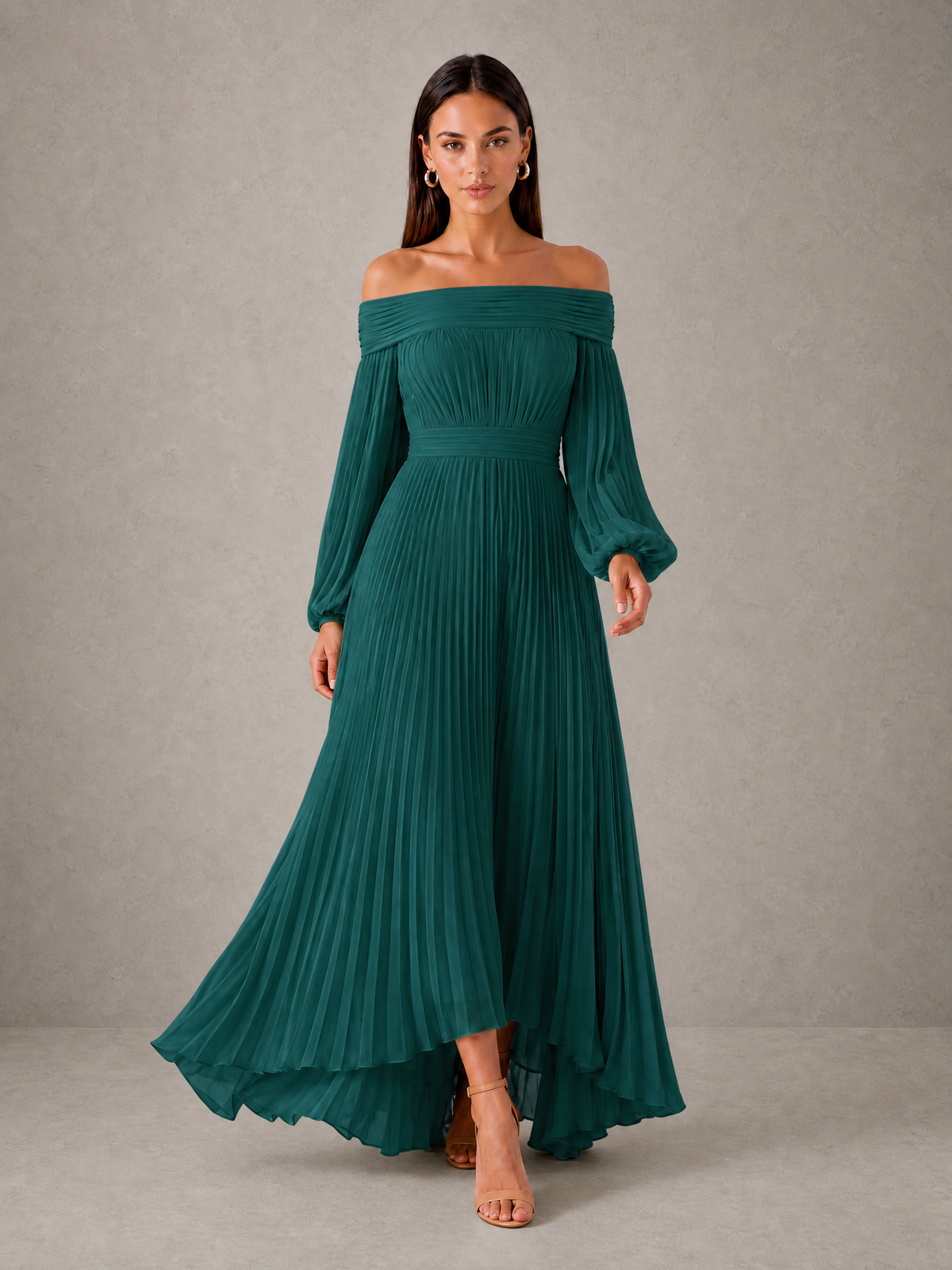 BOLODOO Teal Off-Shoulder Long Sleeve Pleated High-Low Dress - Teal - Teal_3