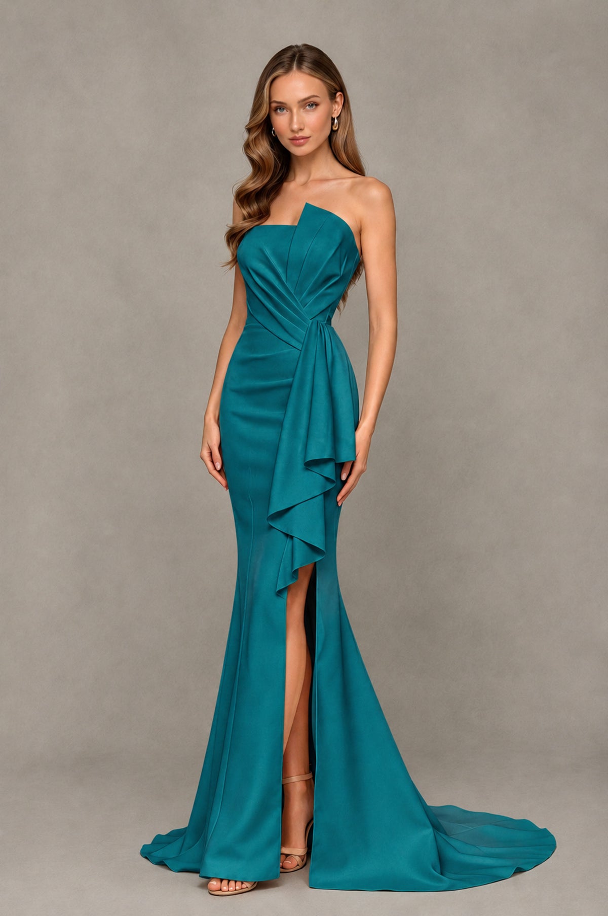BOLODOO Teal Strapless Mermaid Evening Dress with Ruffle Slit and Train - Teal - Teal_3