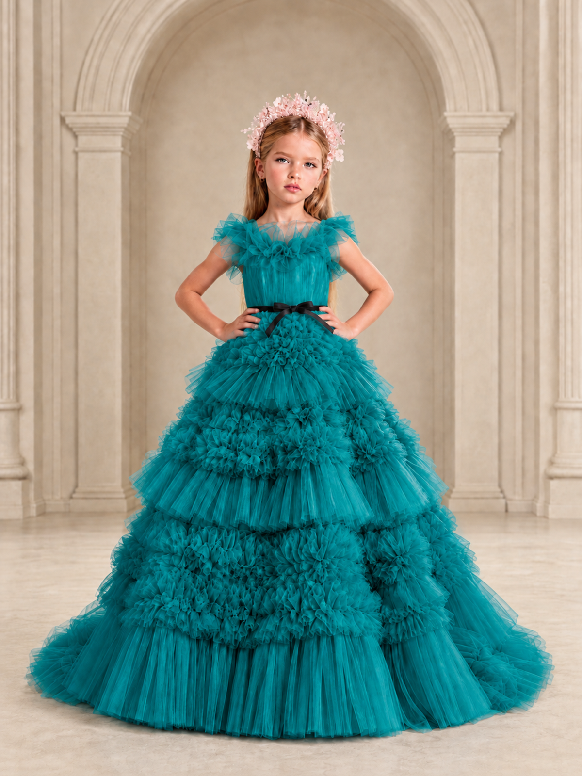 BOLODOO Teal Tiered Tulle Flower Girl Dress with Floral Appliques - Teal - Teal_3