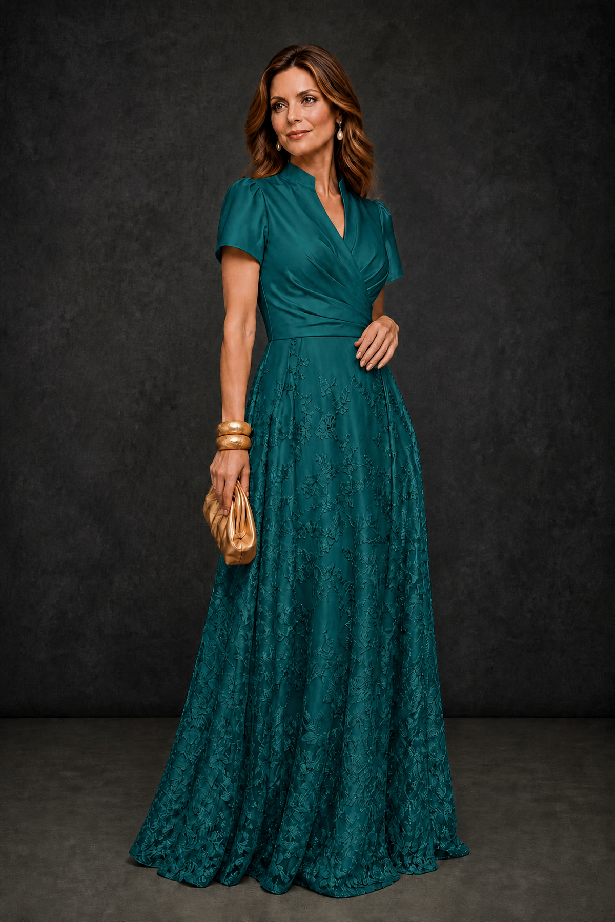 BOLODOO Teal Satin Wrap V-Neck Short Sleeve Lace Glitter A-Line Floor Length Evening Gown – Formal Dress - Teal
