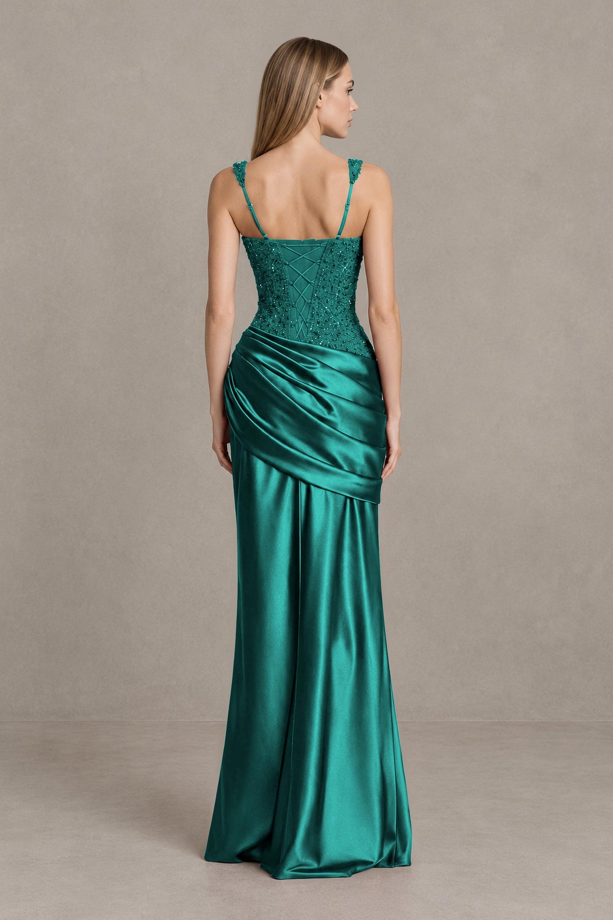 BOLODOO Teal Square Neck Embellished Satin Evening Gown - Teal
