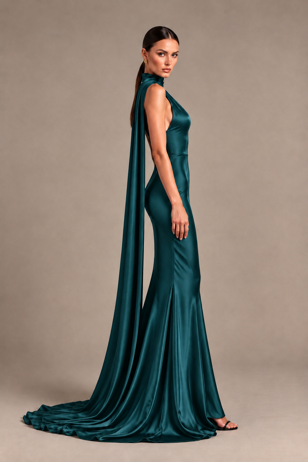 BOLODOO Teal One-Shoulder Satin Mermaid Evening Dress with Scarf - Teal - Teal_3