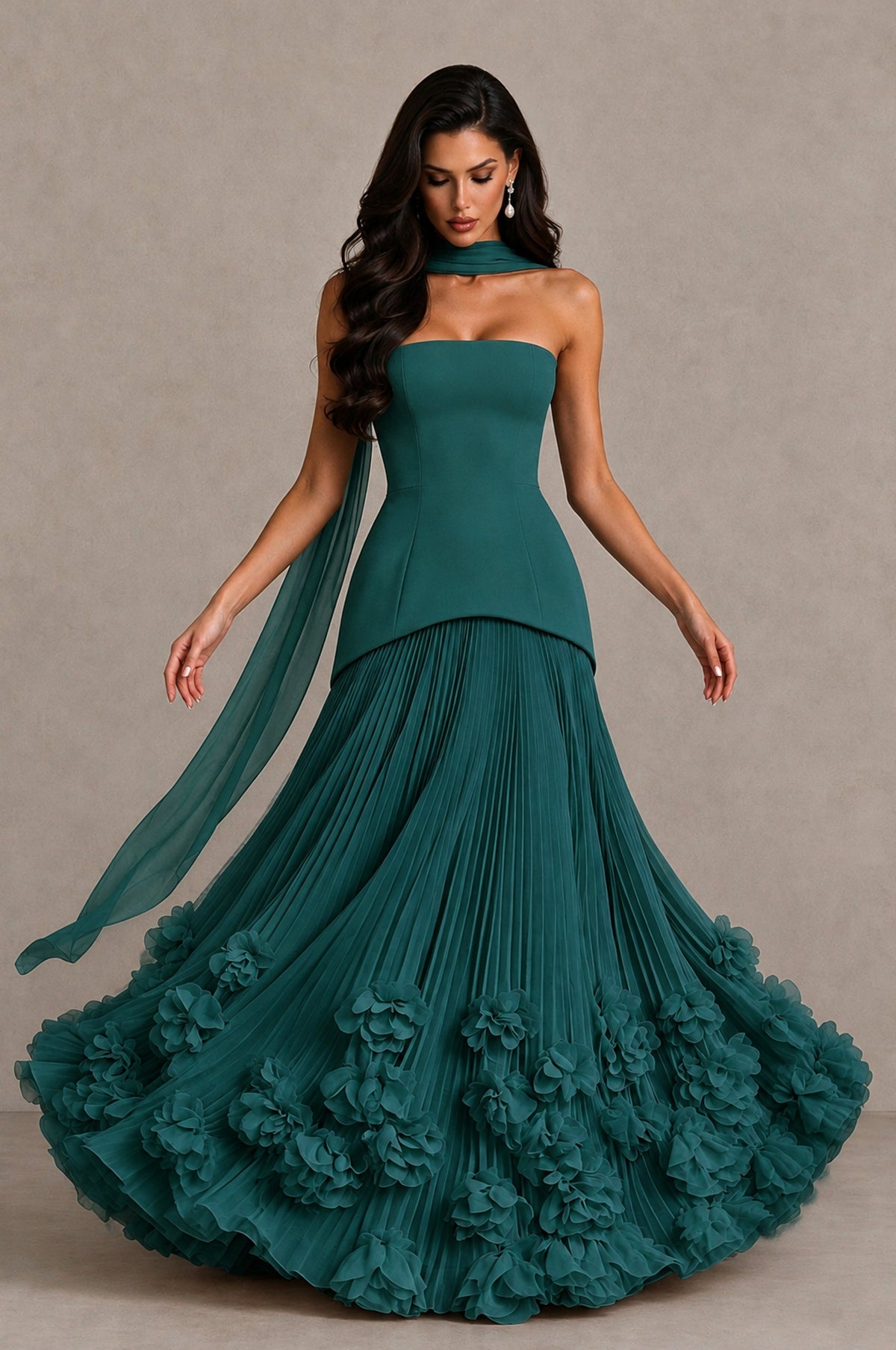 BOLODOO Teal Strapless Pleated Floral Hem Evening Gown - Teal - Teal_3