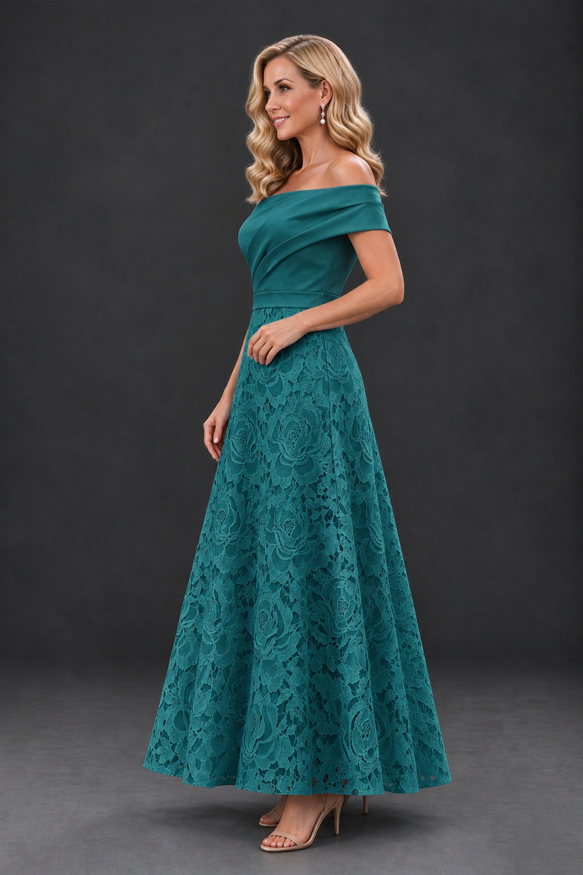 BOLODOO Teal Off-the-Shoulder Floral A-Line Mother of the Bride Dress - Teal - Teal_3