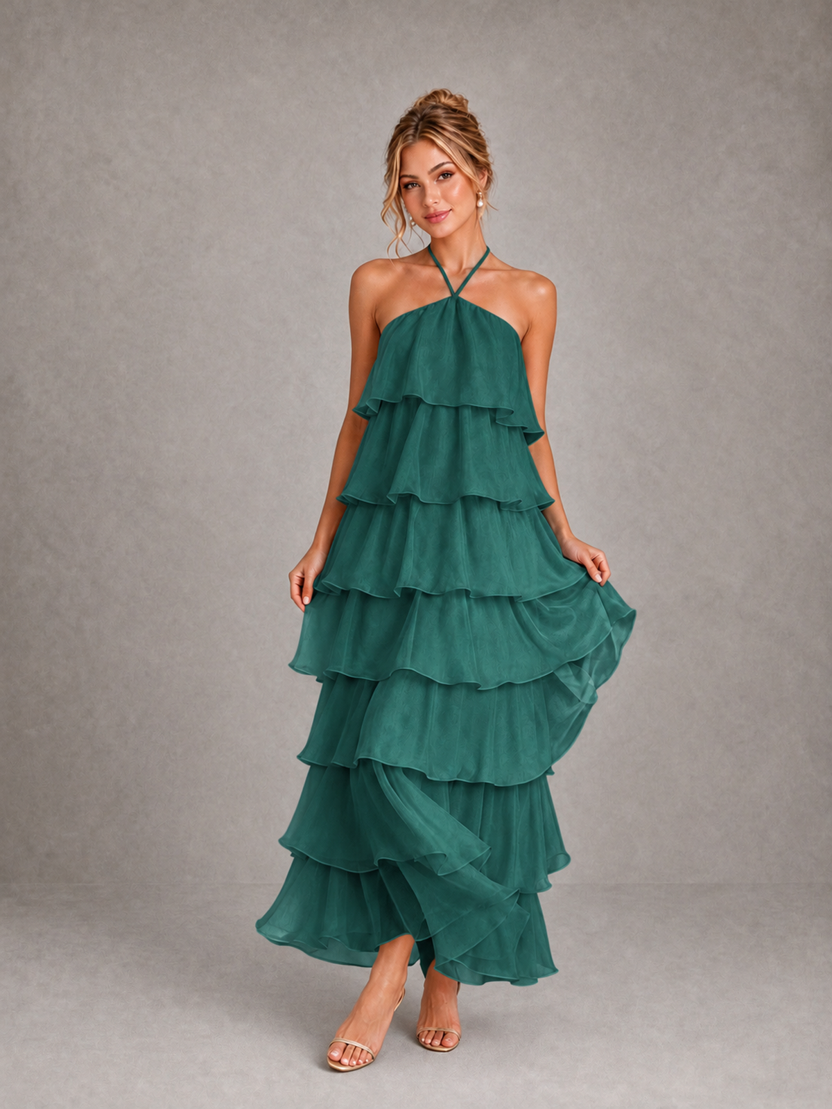 BOLODOO Teal Halter Tiered Ruffle Maxi Bridesmaid Dress - Teal - Teal_3