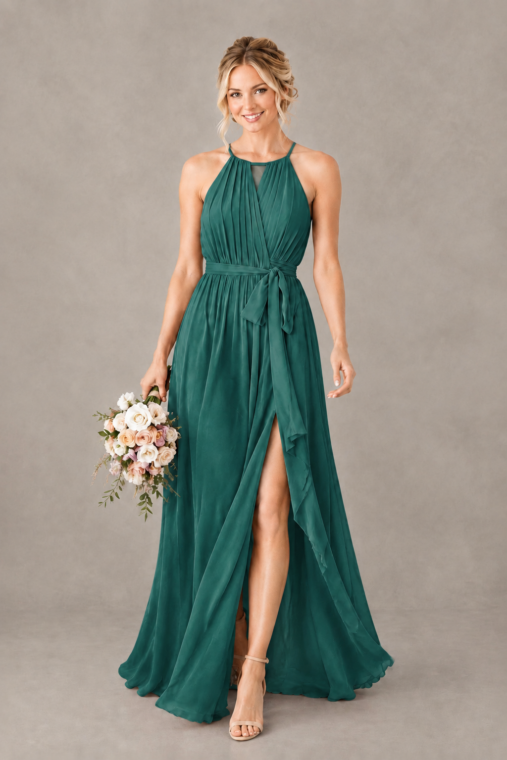 BOLODOO Teal Halter Chiffon Bridesmaid Dress with High Slit - Teal