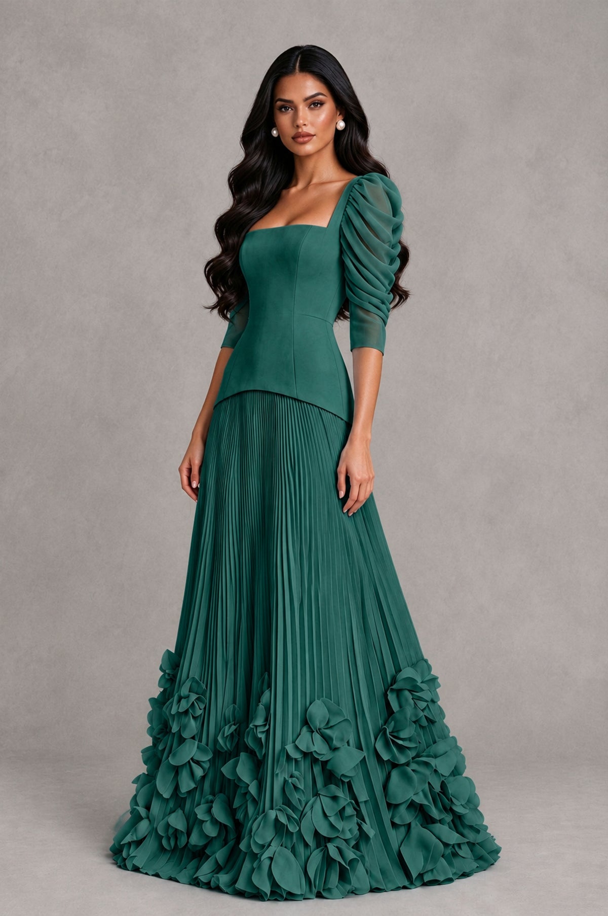 BOLODOO Teal Square Neck Pleated Floral Applique Evening Dress - Teal - Teal_3