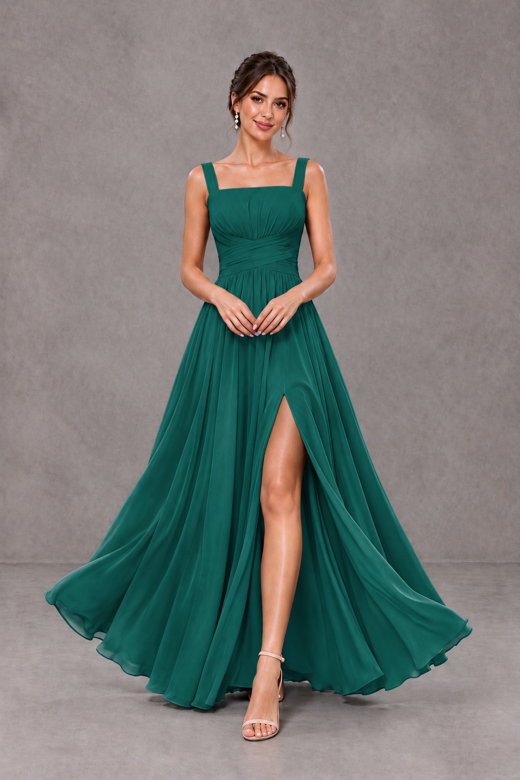 BOLODOO Teal Square Neck A-Line Bridesmaid Dress with Slit - Teal - Teal_3