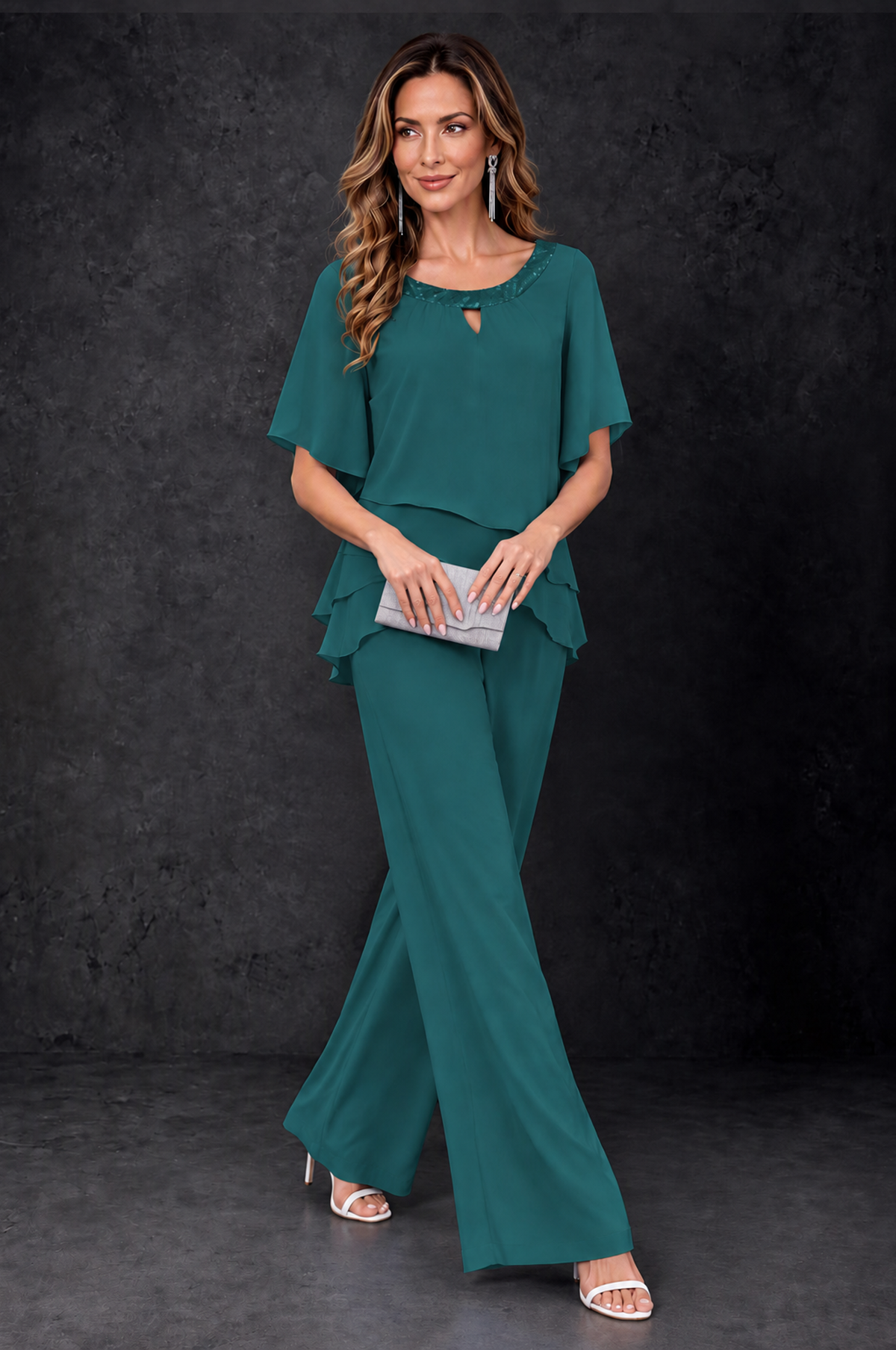 BOLODOO Teal Layered Chiffon-Look Mother of the Bride Pantsuit - Teal - Teal_3