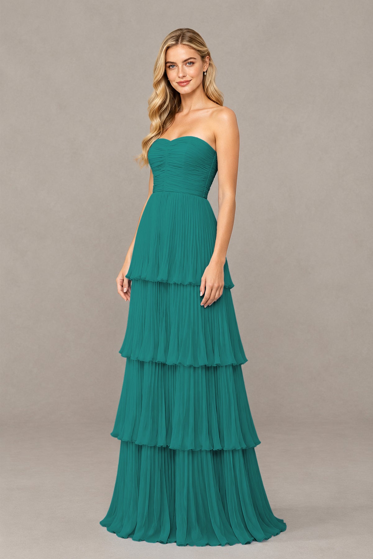 BOLODOO Teal Strapless Tiered Chiffon Maxi Dress - Teal