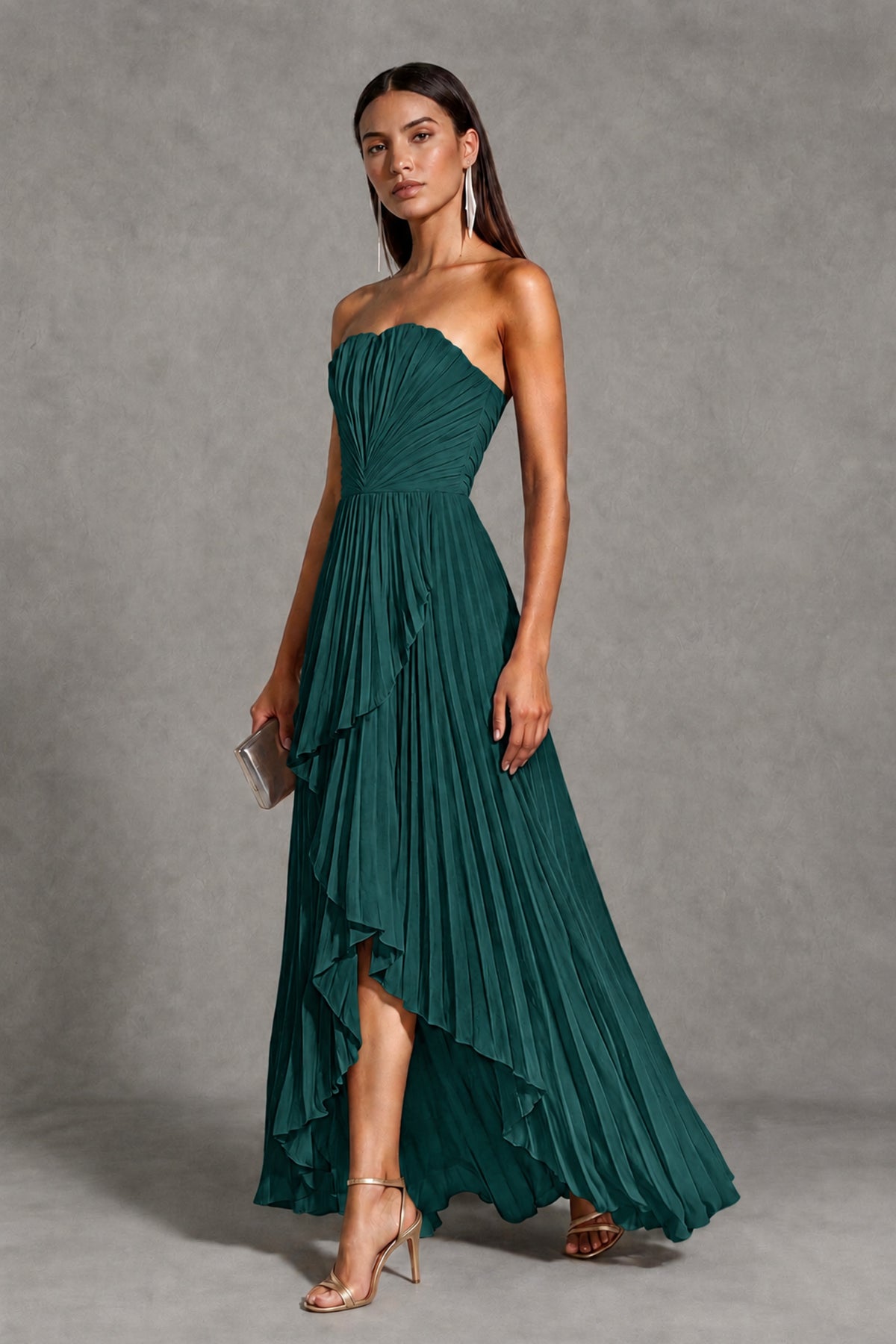 Teal Strapless Pleated High-Low Evening Gown with Ruffle Hem - Teal - Teal_3